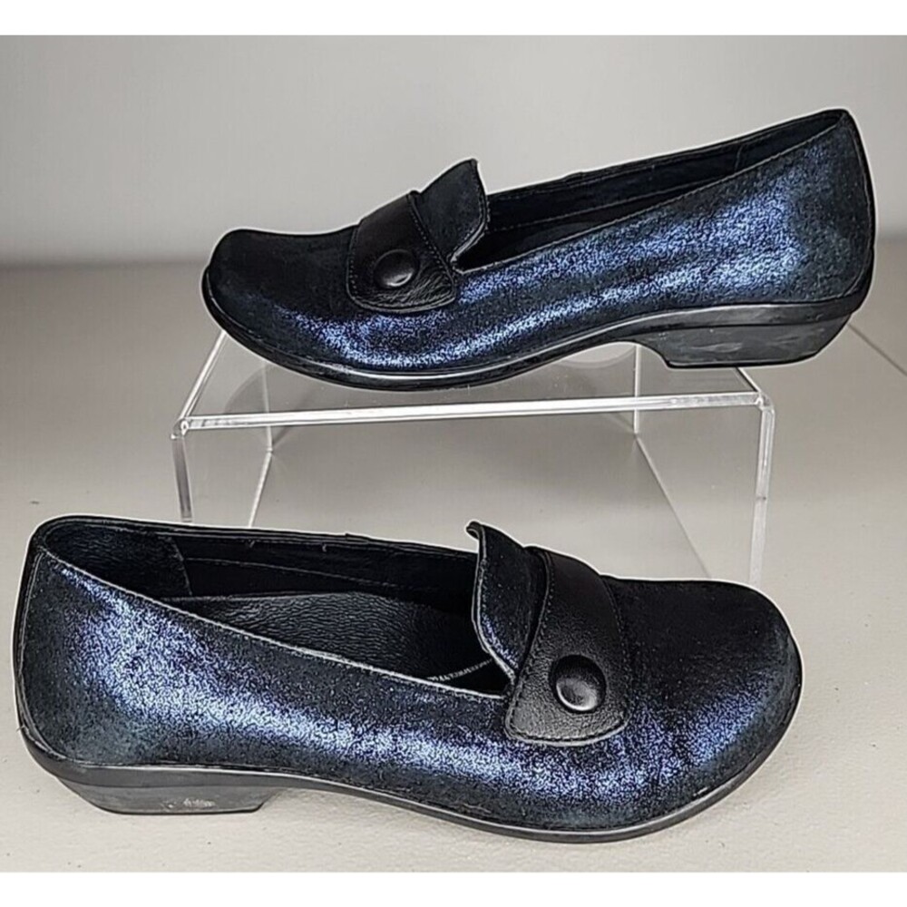 Dansko Olena Women’s 36 Black Leather Blue Metallic Loafer Clogs Flats EUC